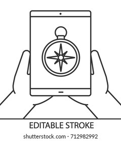 Hands holding tablet computer linear icon. Gps navigation. Thin line illustration. Tablet computer with compass. Contour symbol. Vector isolated outline drawing. Editable stroke