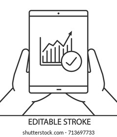 Hands holding tablet computer linear icon. Device statistics. Thin line illustration. Tablet computer with diagram and check mark. Contour symbol. Vector isolated outline drawing. Editable stroke