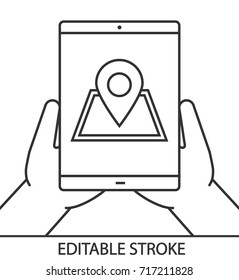 Hands holding tablet computer linear icon. Gps navigation. Geolocation. Thin line illustration. Tablet computer with map pinpoint. Contour symbol. Vector isolated outline drawing. Editable stroke