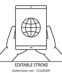 Hands holding tablet computer linear icon. Internet access. Thin line illustration. Tablet computer with globe. Contour symbol. Vector isolated outline drawing. Editable stroke
