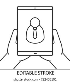 Hands holding tablet computer linear icon. Calling to boss, manager, businessman. Thin line illustration. Contour symbol. Vector isolated outline drawing. Editable stroke