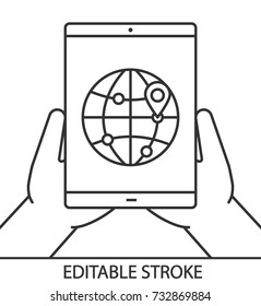 Hands holding tablet computer linear icon. Route searching. Online traveling. Thin line illustration. Tablet computer with world map. Contour symbol. Vector isolated outline drawing. Editable stroke