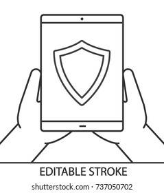Hands holding tablet computer linear icon. Cybersecurity. Antivirus program. Thin line illustration. Tablet computer with shield. Contour symbol. Vector isolated outline drawing. Editable stroke