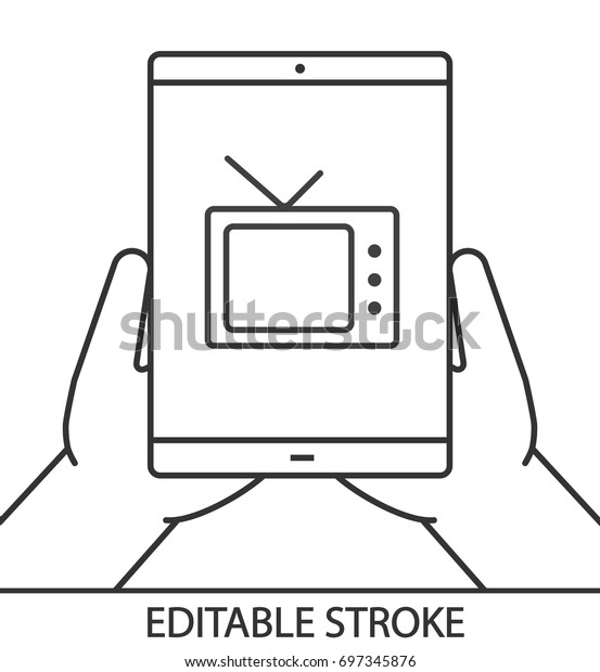 Hands\
holding tablet computer linear icon. Watching TV online. Thin line\
illustration. Tablet computer with television set. Contour symbol.\
Vector isolated outline drawing. Editable\
stroke
