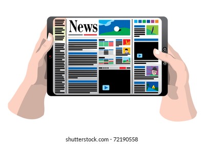 Hands holding tablet computer with news paper