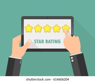 Hands holding a tablet computer with rating stars. Vector illustration. Rating stars app with five golden stars.