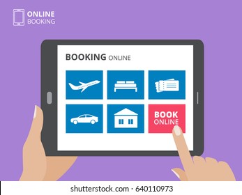 Hands holding tablet computer and touching screen with book button on screen. Design concept for online booking. Icons of hotel, flight, car, tickets.