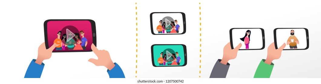 Hands holding a tablet computer. Video on the screen of the tablet. First person view, watch entertainment content. Designer set