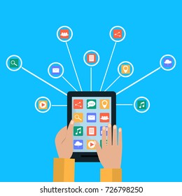 Hands Holding Tablet and Connect to Modern Cloud Services. Flat Vector Illustration.