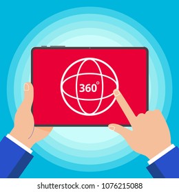 Hands holding tablet device with 360 degrees angle icon sign flat design style vector illustration isolated on background and index pointer finger touch the screen. Symbol of 360 degrees VR games etc.