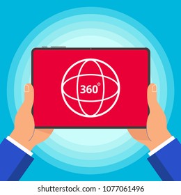 Hands holding tablet device with 360 degrees angle icon sign on the screen outline flat design style vector illustration isolated on blue background. Symbol of 360 degrees VR videos, photo and games.
