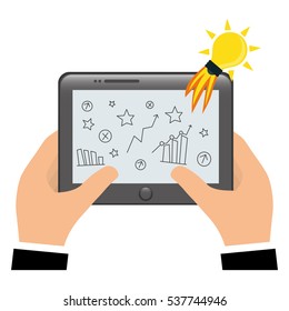 hands holding a tablet device with bulb icon over white background. start-up concept. colorful design. vector illustration