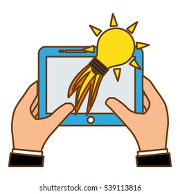 hands holding a tablet device with bulb light launching icon over white background. start-up concept. colorful design. vector illustration