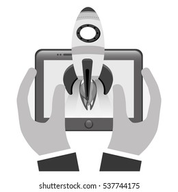 hands holding a tablet device with rocket icon over white background. start-up concept. vector illustration