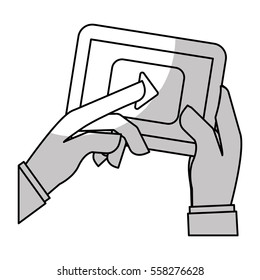hands holding a tablet device with video player button over white background. entertainment and technology concept.  vector illustration