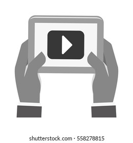 hands holding a tablet device with video player button over white background. entertainment and technology concept.  vector illustration
