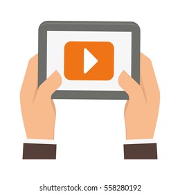 hands holding a tablet device with video player button over white background. entertainment and technology concept. colorful design.  vector illustration