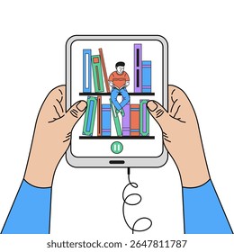 Hands holding a tablet displaying a virtual bookshelf, with a young man sitting on a shelf reading a book. Concept of online learning and digital library. - Powered by Shutterstock - Get 15% off with code: PIKWIZARD15