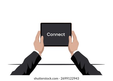 Las manos que sostienen una tableta que muestra la palabra conectar contra un fondo blanco promueven la comunicación digital y las oportunidades de redes en línea que representan la tecnología moderna y la conectividad global