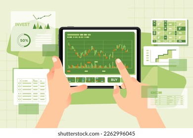 Hände, die eine Tablette mit Finanzdiagramm-und Graphen-Datenanalyse-Konzept-Planung Vektor-Illustration