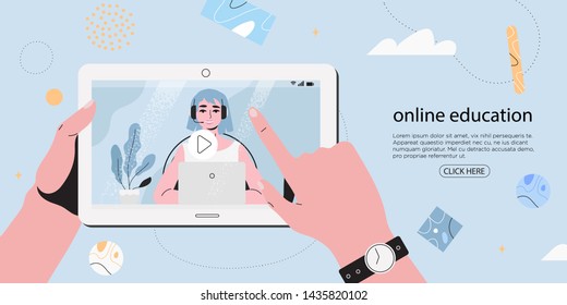 Hands holding tablet and finger touches play button on a screen. Online seminar or webinar, education, courses or educational platforms. Live communication with a teacher or conference call.