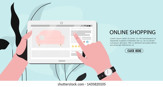 Hands holding tablet and finger touches a screen with an online furniture shop review page with a sofa. Odering online and e-commerce concept for banners, landing page, website, ui, poster and flyers.