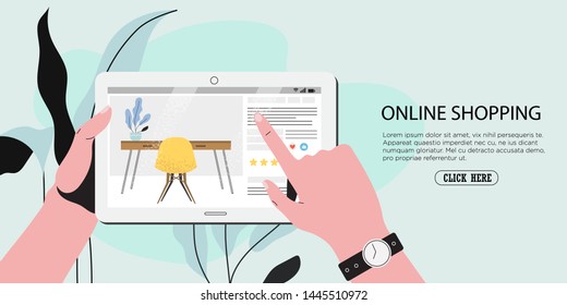 Hands holding tablet and finger touches a screen with an online furniture shop review page with a working space. Odering online and e-commerce concept for banners, landing page, poster and flyers.