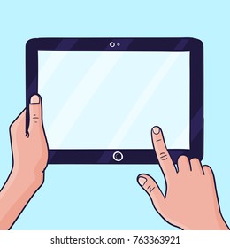 Hands holding tablet and fingers touch blank screen. Feedback business concept. Cartoon flat vector illustration isolated on blue background. design for web site, mobile app