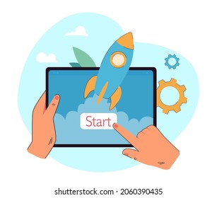 Hands holding tablet with forefinger clicking start button. New application launch flat vector illustration. Interface, technology, startup concept for banner, website design or landing web page