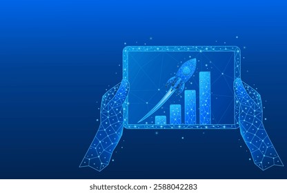 Hands holding tablet in foreground showing abstract rocket powered graph. Stock market concept in light blue futuristic holographic style