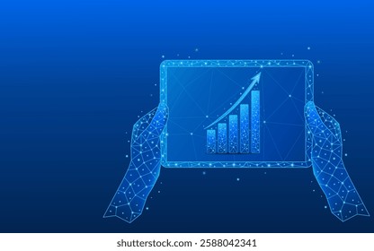 Hands holding tablet in foreground showing abstract arrow graph. Stock market concept in light blue futuristic holographic style