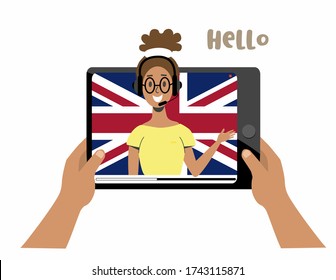 Hands holding a tablet with a foreign language teacher, a girl talking in a messenger and online consultation on the background of the British flag, video review. English language learning. Vector