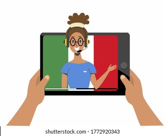 Hands holding a tablet with a foreign language teacher, a girl talking in a messenger and online consultation on the background of the italian flag, video review. English language learning. Vector