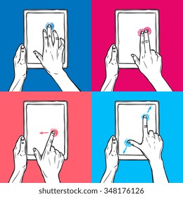 Hands holding tablet gadget and swipe pinch tap gesture sketch on colored background decorative icon set isolated vector illustration.
