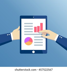 Hands holding a tablet with graphs and diagrams, flat design business concept web analytics