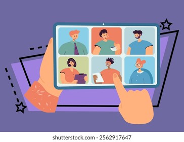Hands holding tablet with group video call on screen. Friends or colleagues having virtual conference, workplace community flat vector illustration. Communication, teamwork, technology concept