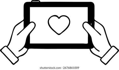 Hands holding a tablet with a heart icon displayed on the screen.