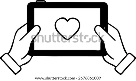 Hands holding a tablet with a heart icon displayed on the screen.