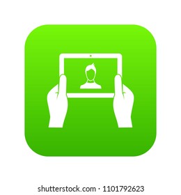 Hands holding tablet icon digital green for any design isolated on white vector illustration