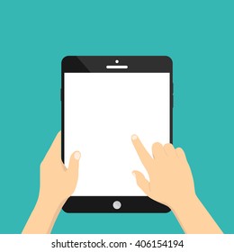 Hands holding tablet. Icon for web and mobile application. Flat design style.