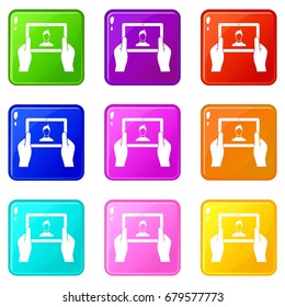 Hands holding tablet icons of 9 color set isolated vector illustration