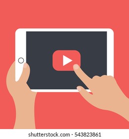 hands holding a tablet illustration isolated in a red background