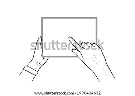 Hands holding tablet with index finger sliding in touchscreen. Horizontal tablet in hands of a human. Sketch vector illustration isolated in white background