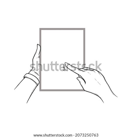 Hands holding tablet with index finger tapping touchscreen. Vertical tablet in hands of a human. Sketch vector illustration isolated in white background