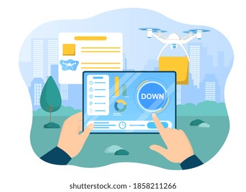 Hands holding tablet with infographics. Concept of modern mobile technology device with diagram on screen interface for delivery management. Flat cartoon vector illustration