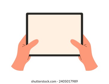 Hände, die eine Tablette einzeln auf weißem Hintergrund halten.