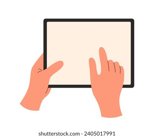 Hands holding tablet isolated on white background.