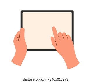 Hands holding tablet isolated on white background.