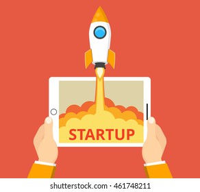Hands holding tablet with launch rocket on the screen. Successful startup business concept. Vector flat illustration.