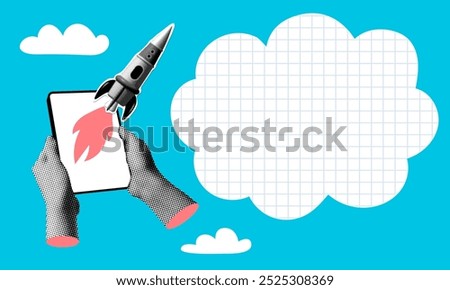 Hands holding tablet with launching rocket. Business startup concept. Modern collage. Financial support entrepreneur. Start new business